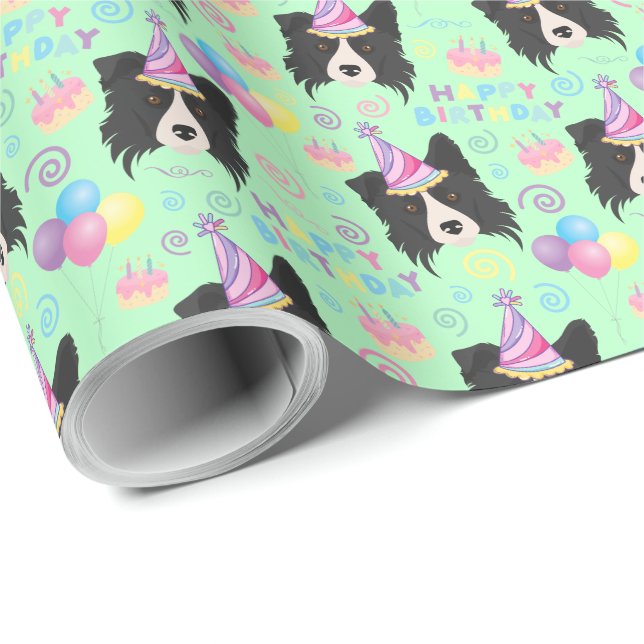 Border Collie Birthday Gift Wrapping Paper Green Presentpapper (Rullad Hörn)
