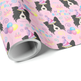 Border Collie Birthday Gift Wrapping Paper Pink Presentpapper