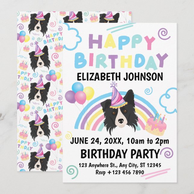 Border Collie Birthday Invitation Inbjudningar (Fram/baksida)
