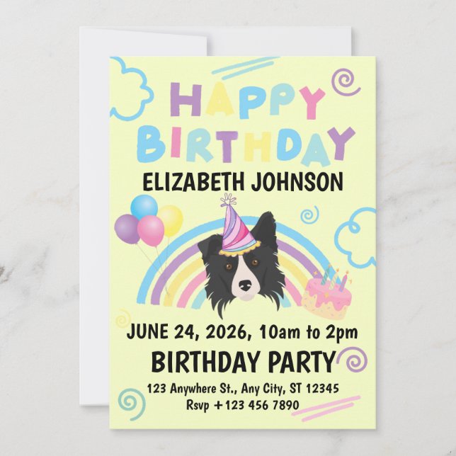 Border Collie Birthday Party Invitation Yellow Inbjudningar (Framsida)