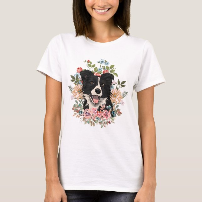 Border collie blommig t shirt (Framsida)