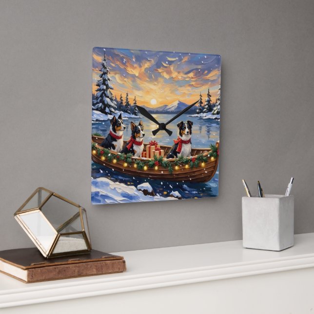 Border Collie Christmas Boat Holiday Fyrkantig Klocka (Kontor)