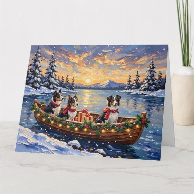 Border Collie Christmas Boat Holiday Kort (Framsida)
