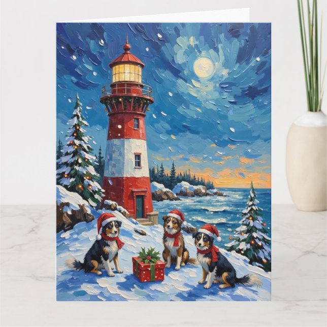 Border Collie Christmas Lighthouse Holiday Kort (Framsida)
