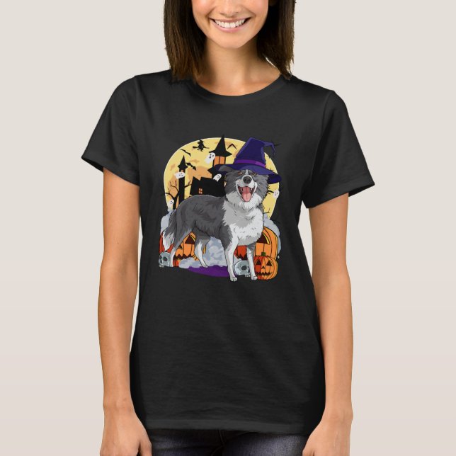 Border Collie Cute Dog Halloween Witch Pumpkin T Shirt (Framsida)