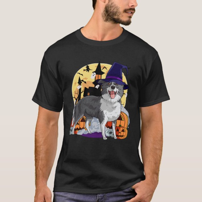 Border Collie Cute Dog Halloween Witch Pumpkin T Shirt (Framsida)