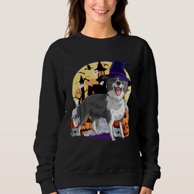 Border Collie Cute Dog Halloween Witch Pumpkin T Shirt (Framsida)