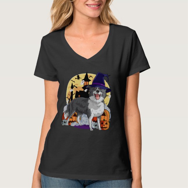 Border Collie Cute Dog Halloween Witch Pumpkin T Shirt (Framsida)