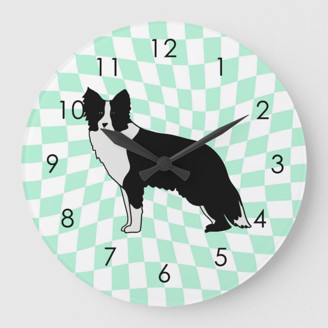 Border Collie Dog Abstract Illustration Checkered Stor Klocka (Framsida)