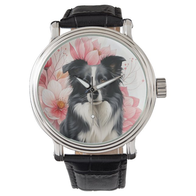 Border Collie Dog and Bold Pink Lilies Armbandsur (Framsida)