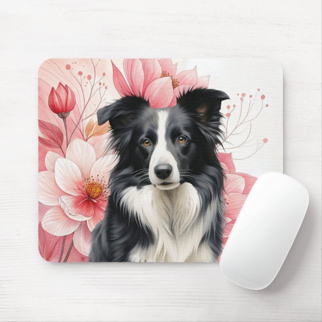 Border Collie Dog and Bold Pink Lilies Musmatta (Med mus)