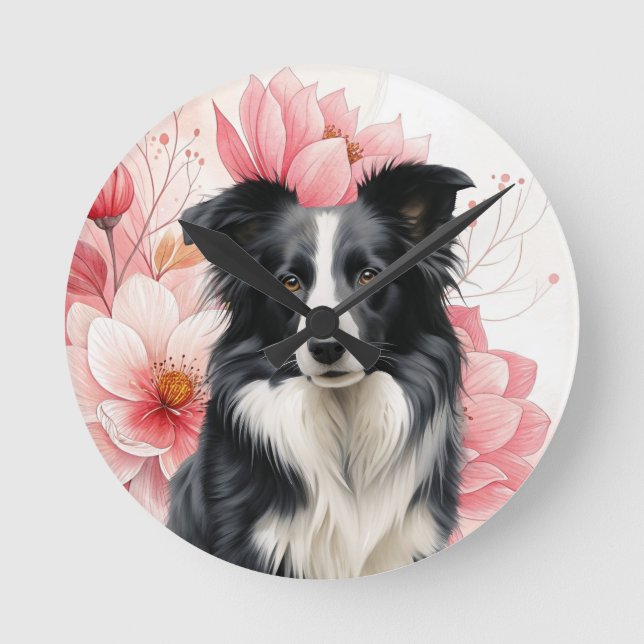 Border Collie Dog and Bold Pink Lilies Rund Klocka (Framsida)