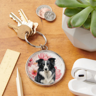 Border Collie Dog and Bold Pink Lilies Rund Silverfärgad Nyckelring
