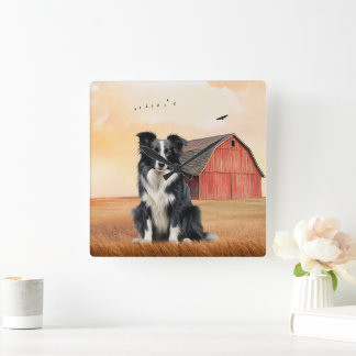 Border Collie Dog and Red Barn Ranch Fyrkantig Klocka