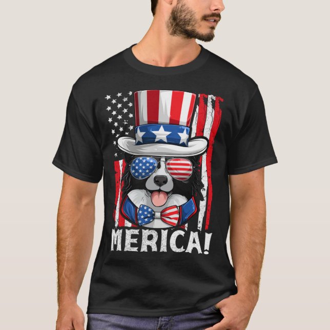 Border Collie Dog Apparel American Flag Patriotic  T Shirt (Framsida)