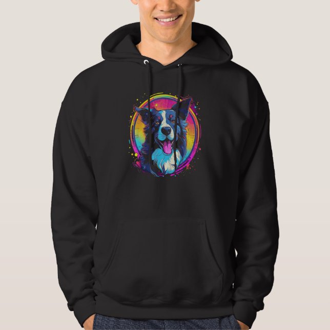 Border Collie Dog Australian Shepherd 80s Retrowav Hoodie (Framsida)