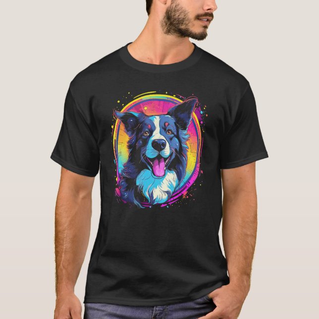 Border Collie Dog Australian Shepherd 80s Retrowav T Shirt (Framsida)