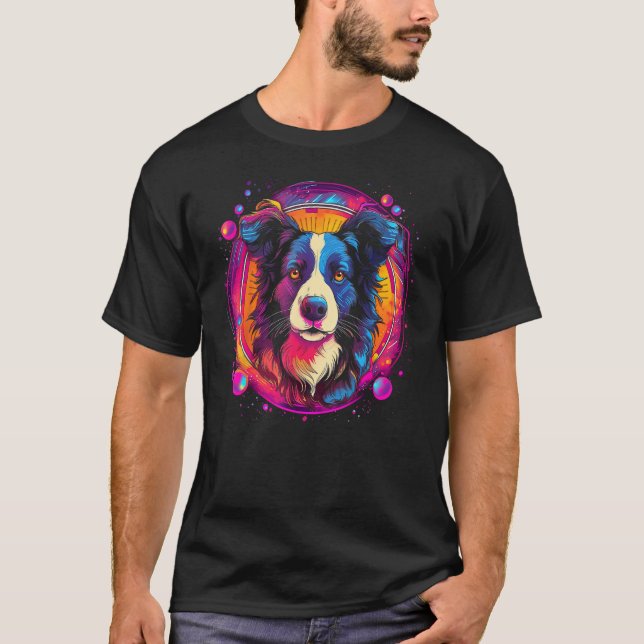 Border Collie Dog Australian Shepherd 80s Retrowav T Shirt (Framsida)