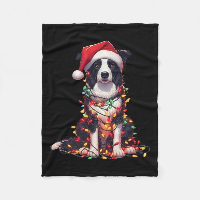 Border Collie Dog Christmas Lights Santa Hat Dog L Fleecefilt (Framsidan)