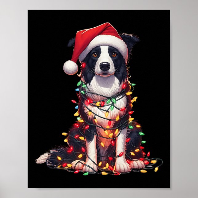 Border Collie Dog Christmas Lights Santa Hat Dog L Poster (Framsidan)