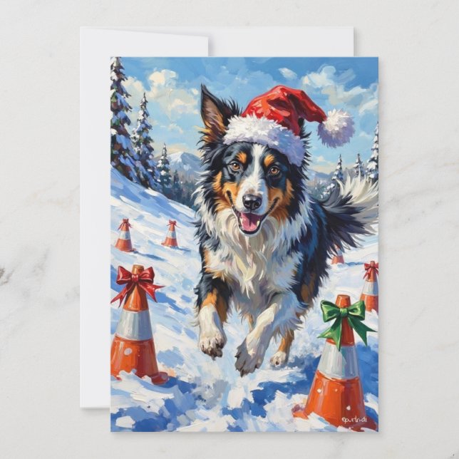 Border Collie Dog Christmas Snow Agility Fun Julkort (Framsida)