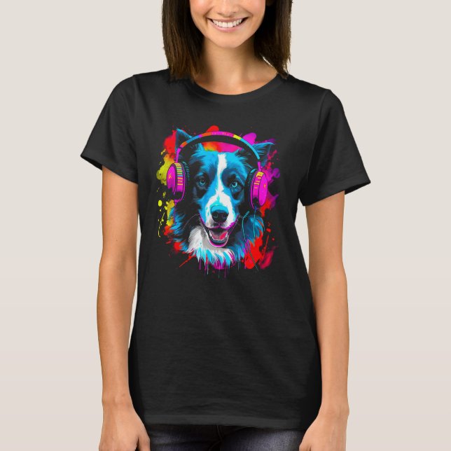 Border Collie Dog DJ Festival T Shirt (Framsida)