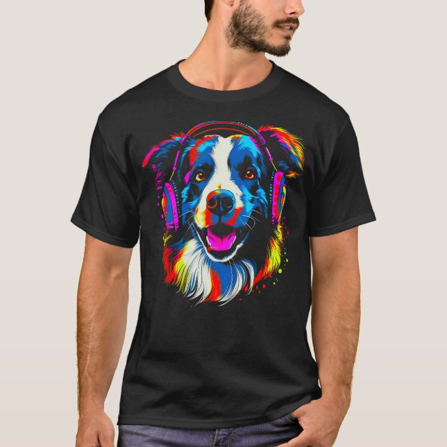 Border Collie Dog DJ Music T Shirt (Framsida)