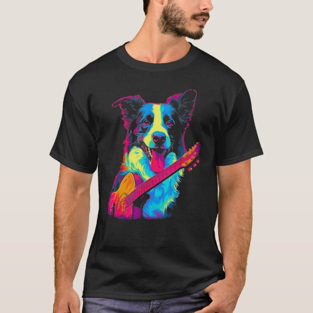 Border Collie Dog Guitar T Shirt (Framsida)