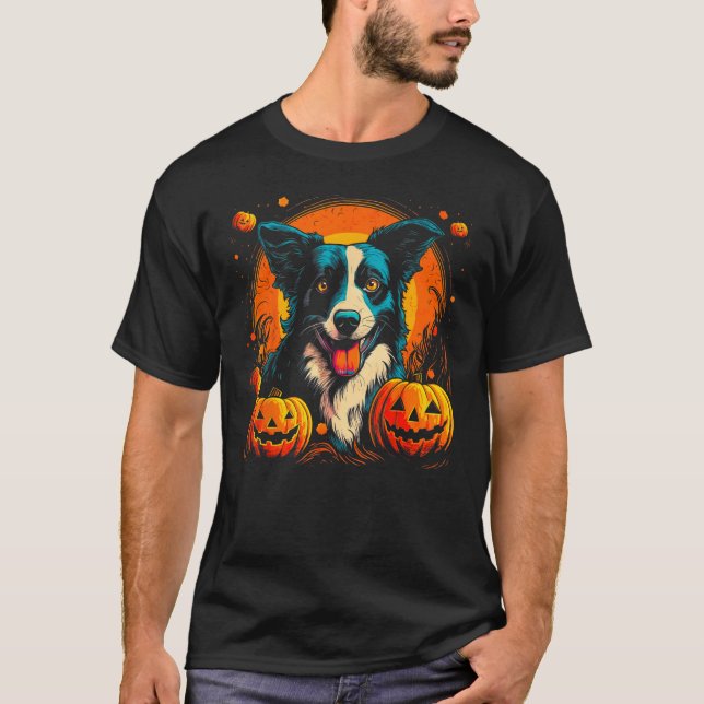 Border Collie Dog Halloween Theme T Shirt (Framsida)