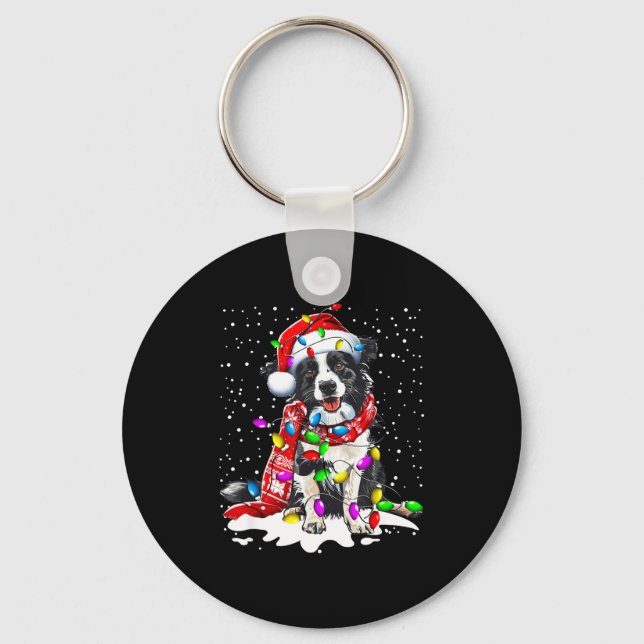 Border Collie Dog Lighting Xmas Santa Hat Christma Nyckelring (Framsida)