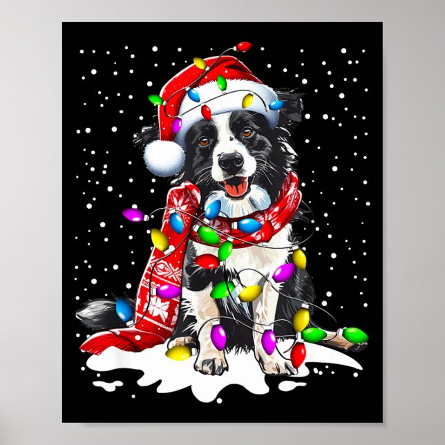 Border Collie Dog Lighting Xmas Santa Hat Christma Poster (Framsidan)