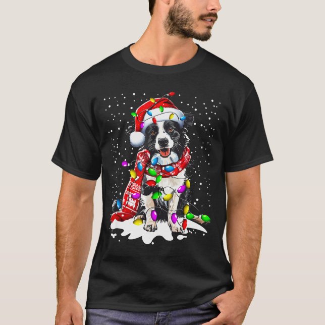 Border Collie Dog Lighting Xmas Santa Hat Christma T Shirt (Framsida)