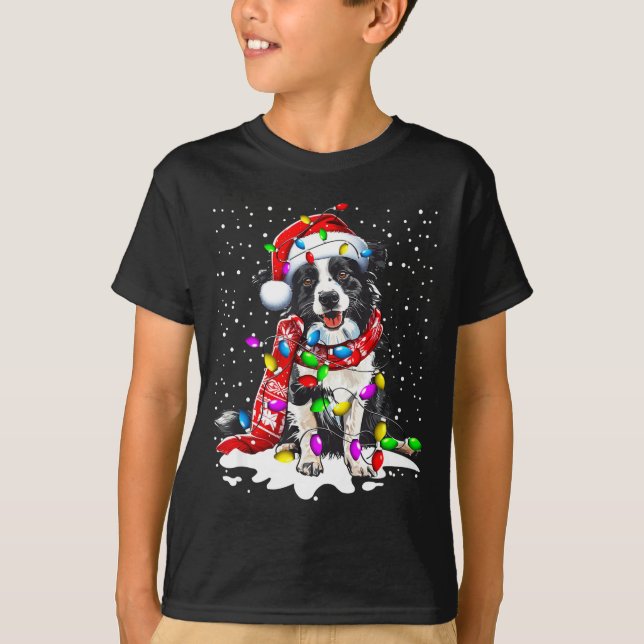 Border Collie Dog Lighting Xmas Santa Hat Christma T Shirt (Framsida)