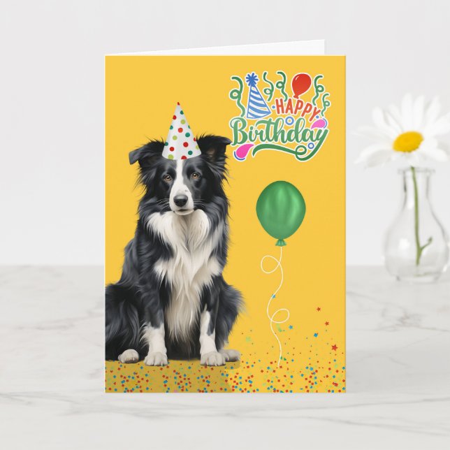 Border Collie Dog Party Hat Yellow Birthday Kort (Liten växt)