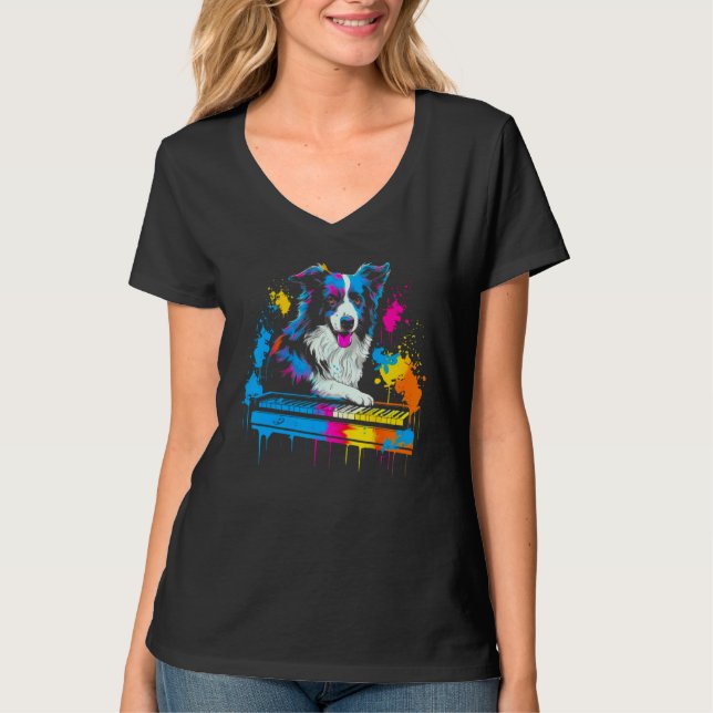 Border Collie Dog Pianist T Shirt (Framsida)