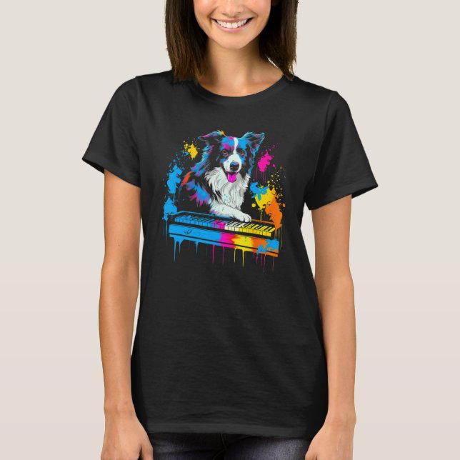 Border Collie Dog Pianist T Shirt (Framsida)