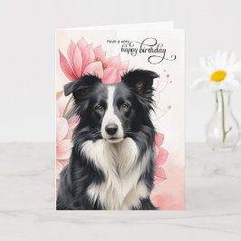 Border Collie Dog Pink Botanical Flowers Birthday Kort