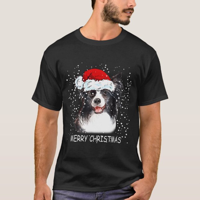 Border Collie Dog Santa Christmas Lights Xmas Boys T Shirt (Framsida)