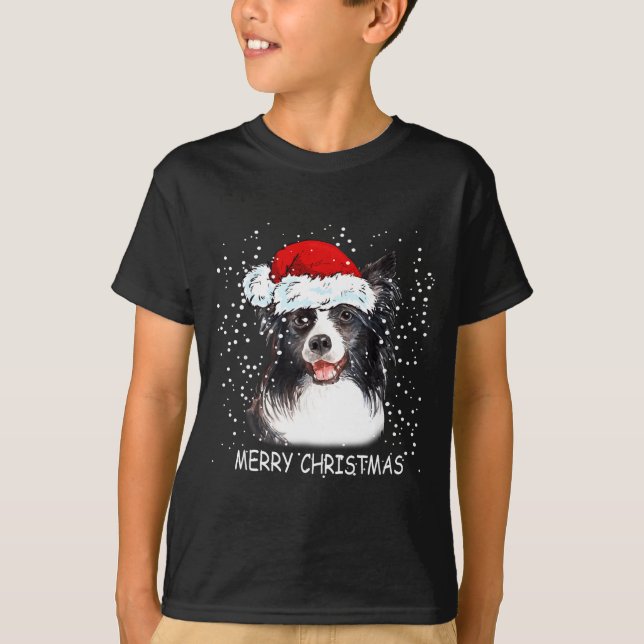 Border Collie Dog Santa Christmas Lights Xmas Boys T Shirt (Framsida)