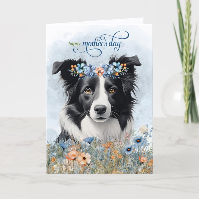 Border Collie Dog Wildflowers Mother's Day Helgkort (Framsida)