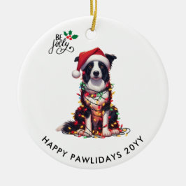 Border Collie Dog Wrapped In Christmas Light  Julgransprydnad Keramik