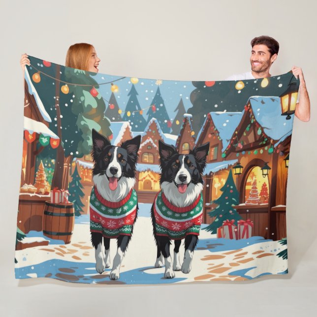 Border Collie Dogs Christmas Snow Holiday Fleecefilt (På plats)