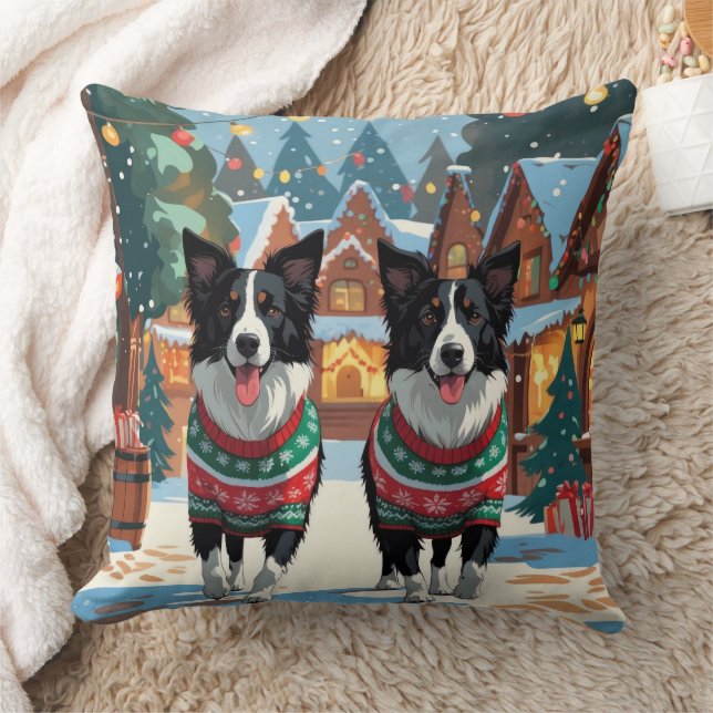 Border Collie Dogs Christmas Snow Holiday Kudde (Filt)