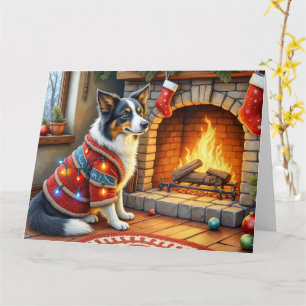 Border Collie Eldstäde med julbelysning Kort