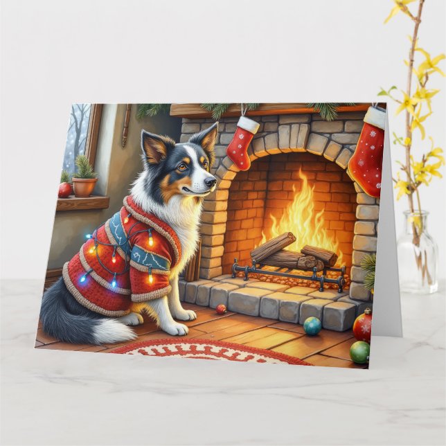 Border Collie Fireplace with Christmas Lights Kort (Gul blomma)