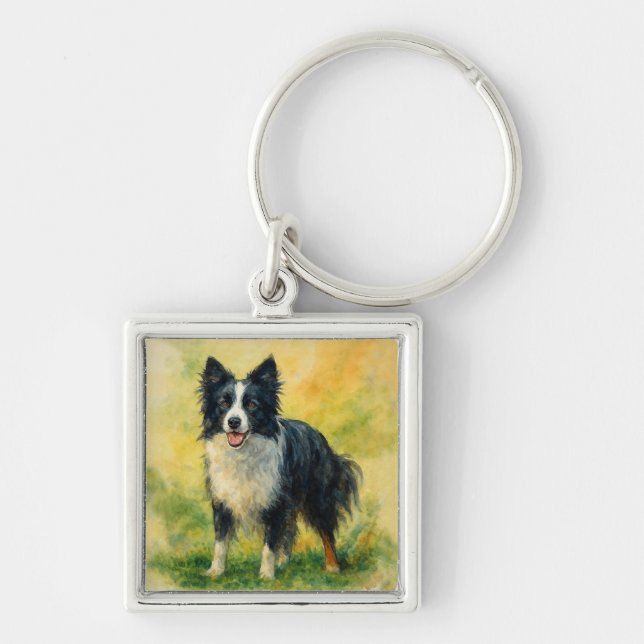 Border Collie Fyrkantig Silverfärgad Nyckelring (Framsidan)