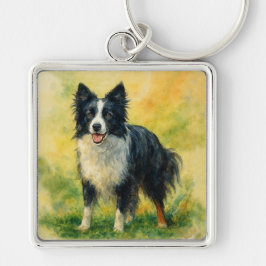 Border Collie Fyrkantig Silverfärgad Nyckelring