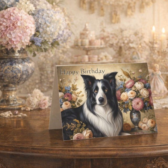 Border Collie Glad födelsedag Vik kort hilsning (Elegant vintage Border Collie birthday card for dog lovers )