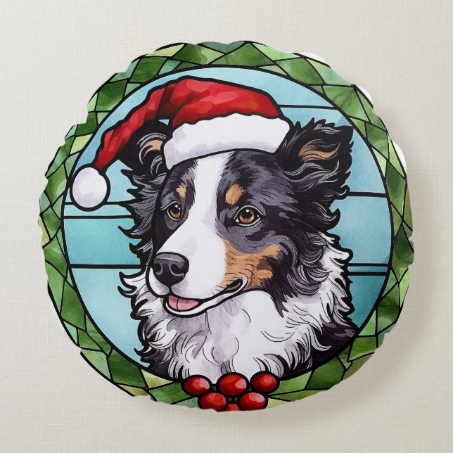 Border Collie Glas-i-färger Jul Rund Kudde (Framsidan)