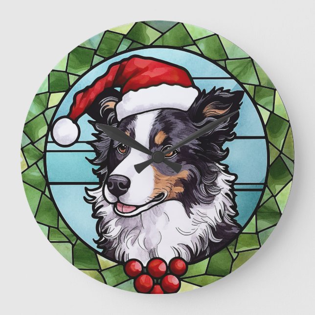 Border Collie Glas-i-färger Jul Stor Klocka (Framsida)